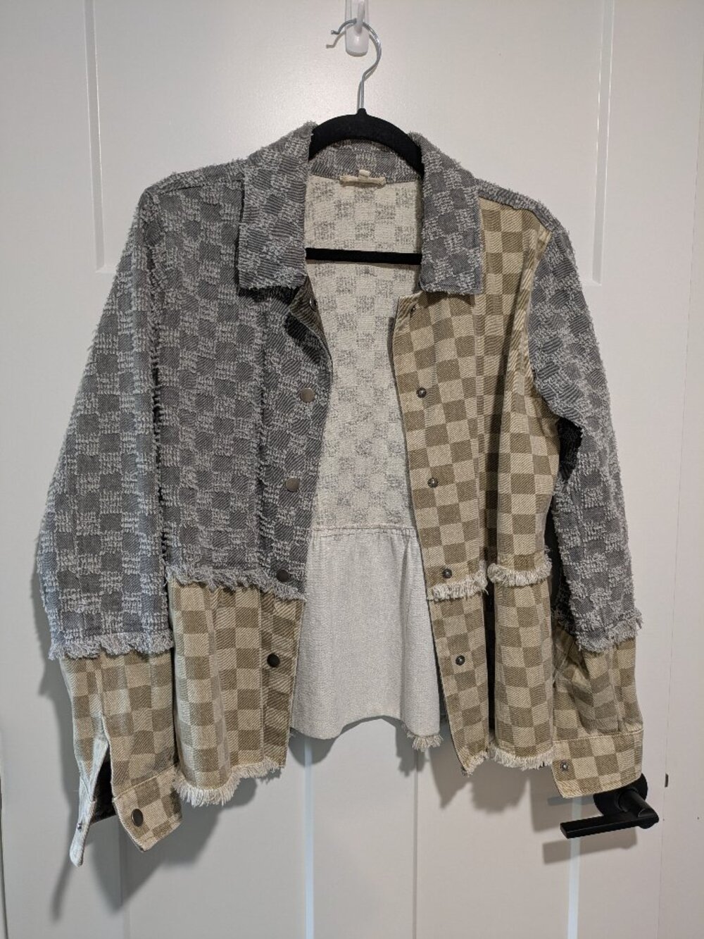 Mystree Checkered Colorblock Frayed Shacket Jacket Size Small